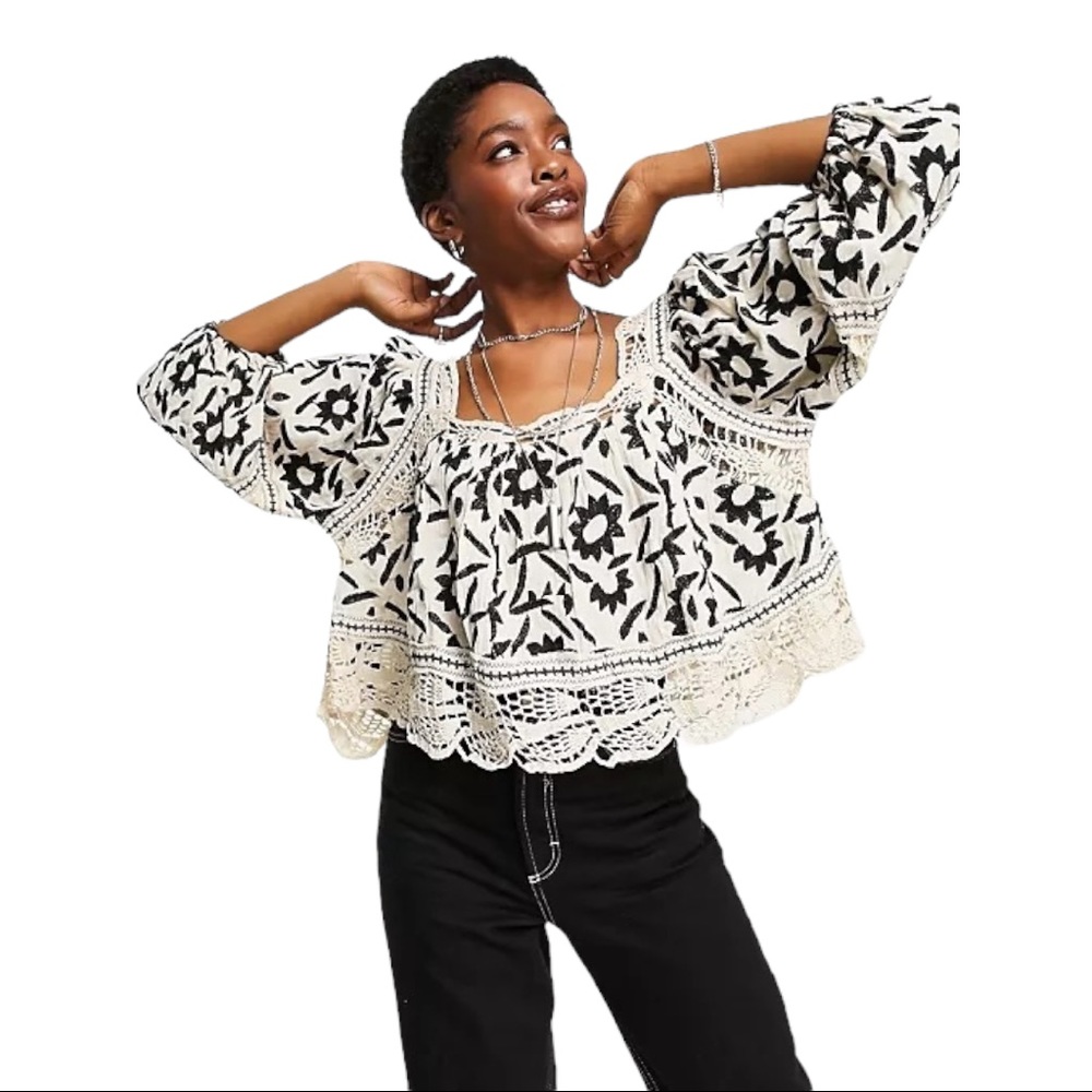 Free People Soleil Cotton Embroidery Crochet Trim Boho Top - Picture 12 of 16